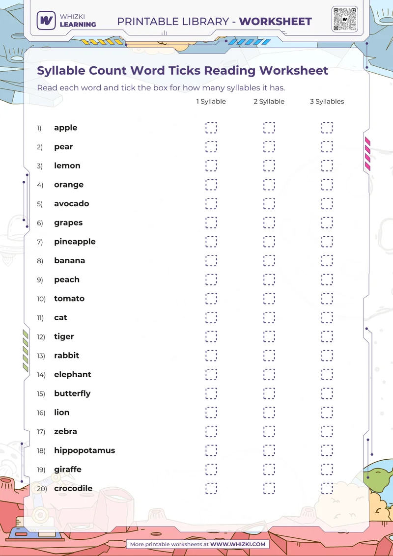 Syllable Count Word Ticks Reading Worksheet