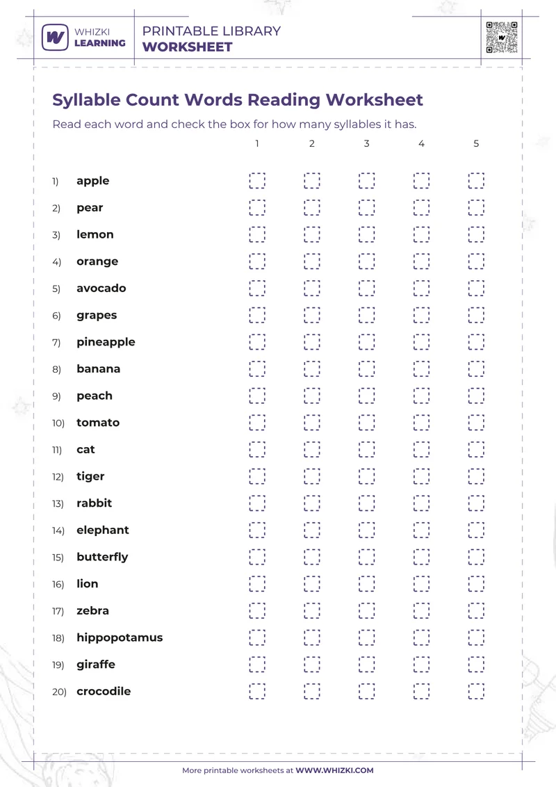 Syllable Count Words Reading Worksheet