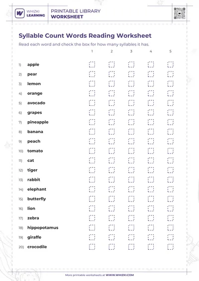 Syllable Count Words Reading Worksheet