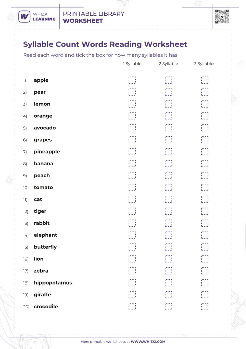 Syllable Count Words Reading Worksheet