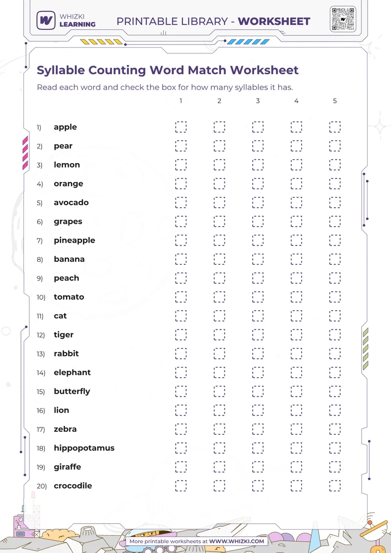 Syllable Counting Word Match Worksheet