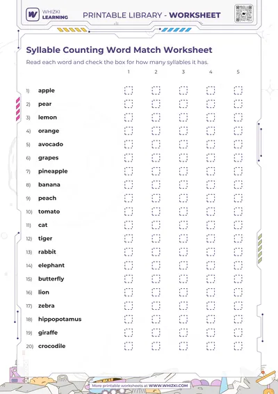 Syllable Counting Word Match Worksheet