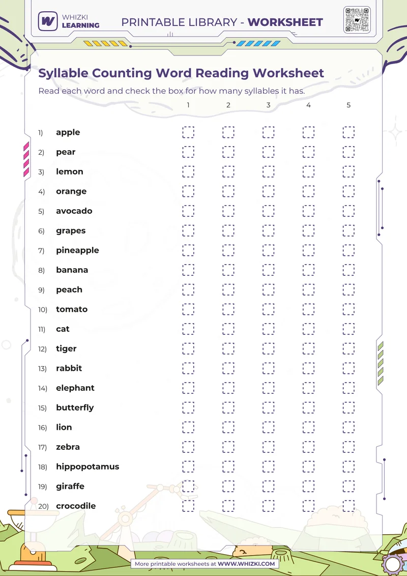 Syllable Counting Word Reading Worksheet