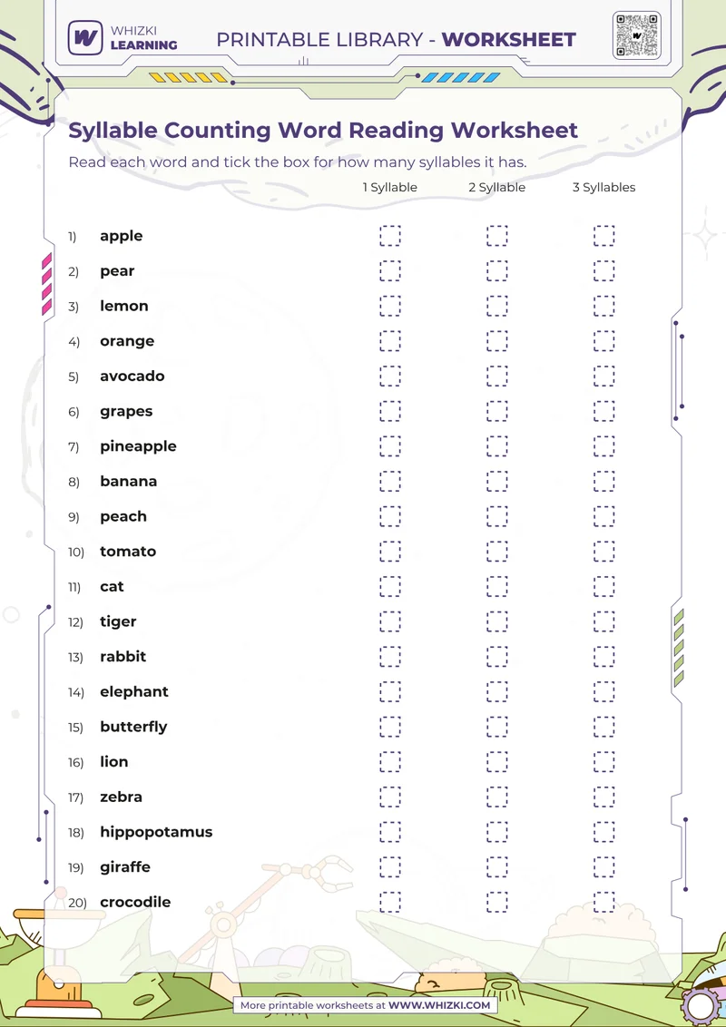 Syllable Counting Word Reading Worksheet