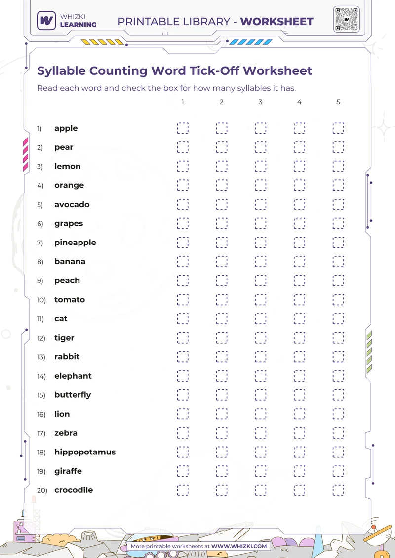 Syllable Counting Word Tick-Off Worksheet