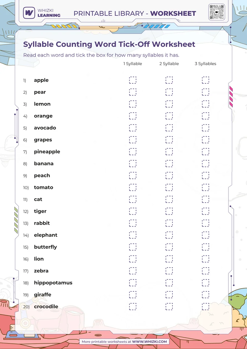 Syllable Counting Word Tick-Off Worksheet