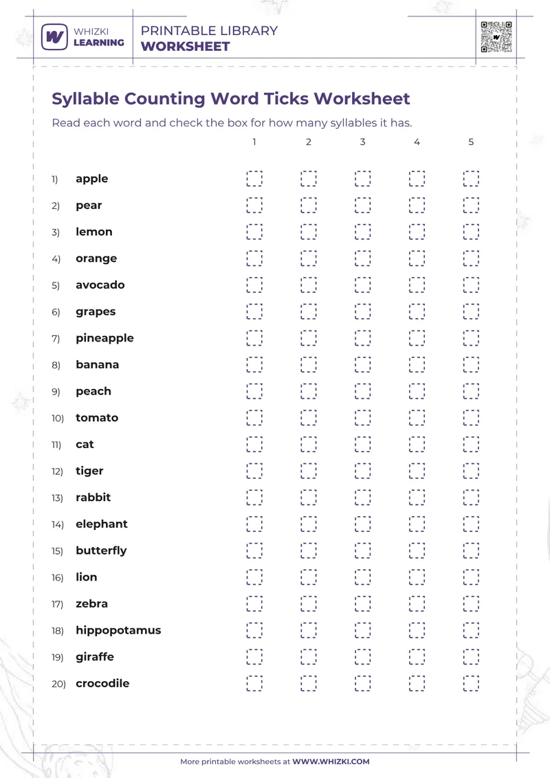 Syllable Counting Word Ticks Worksheet