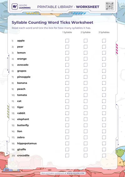 Syllable Counting Word Ticks Worksheet