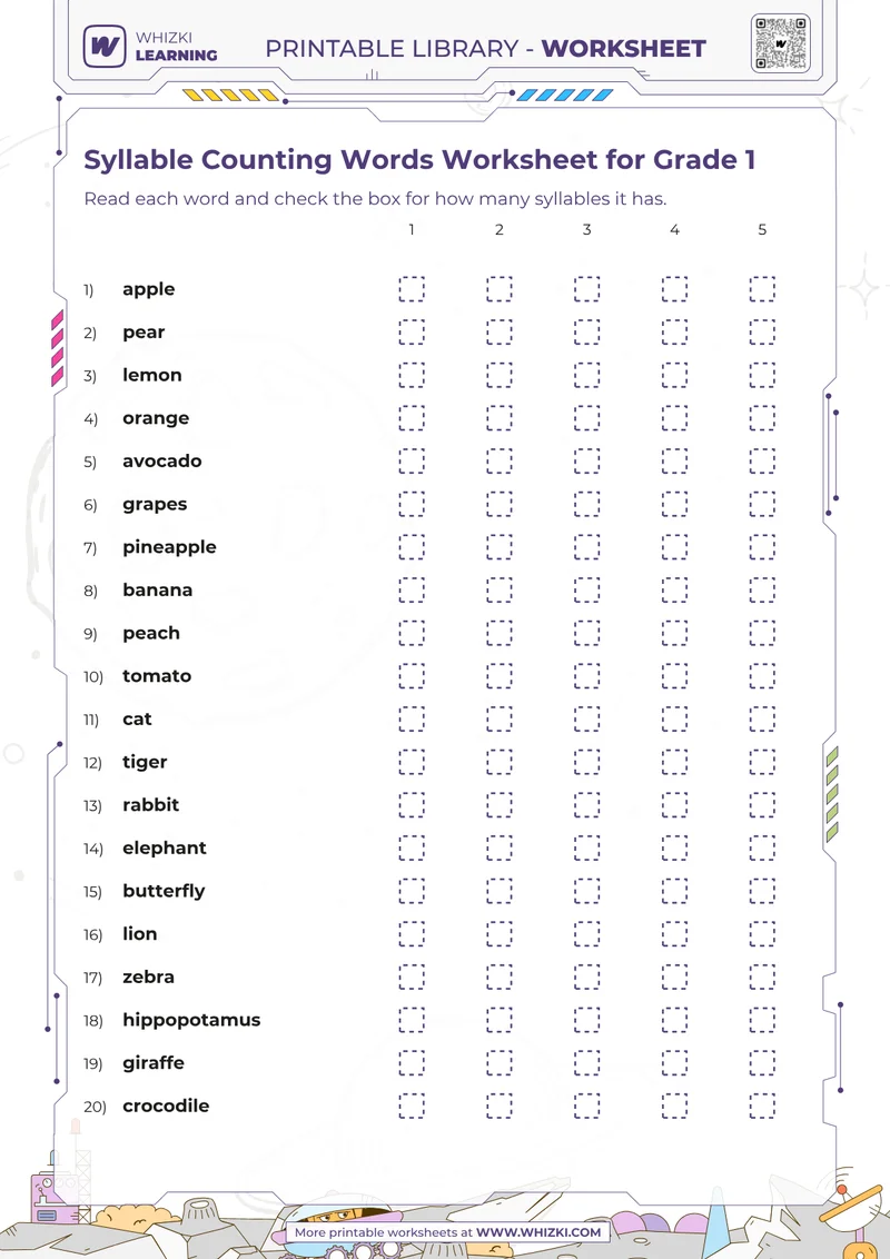 Syllable Counting Words Worksheet for Grade 1