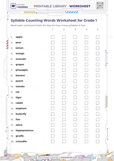 Syllable Counting Words Worksheet for Grade 1