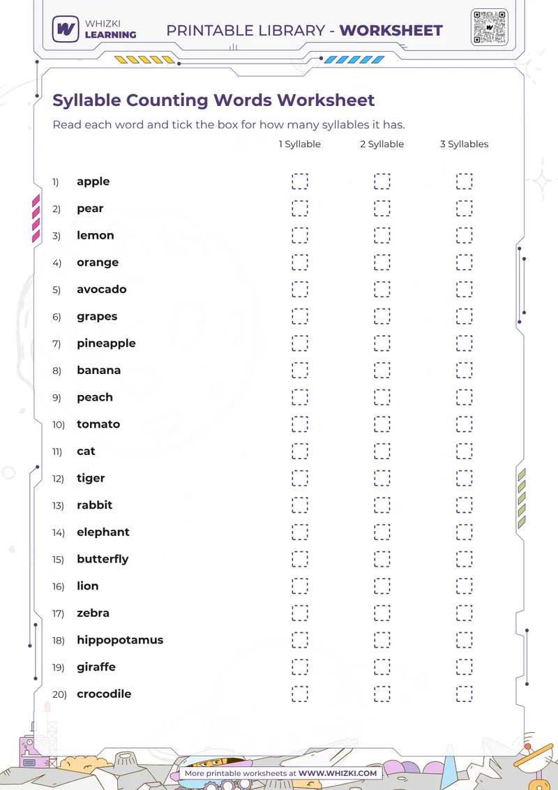 Syllable Counting Words Worksheet