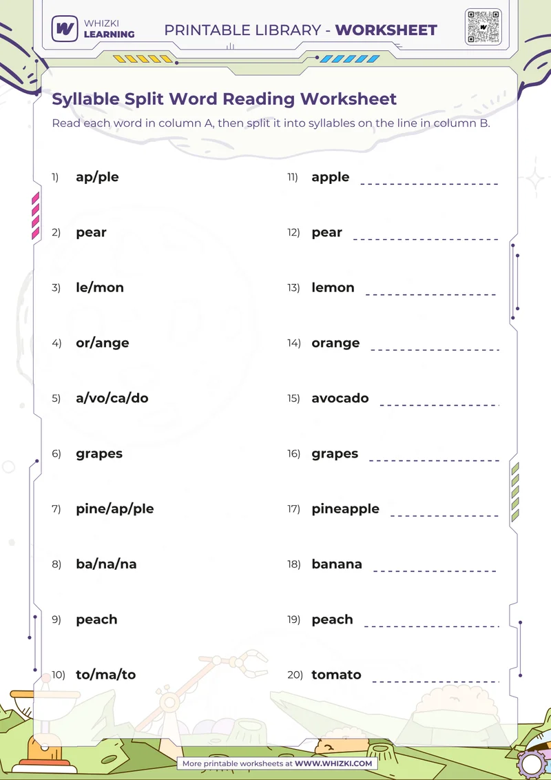 Syllable Split Word Reading Worksheet