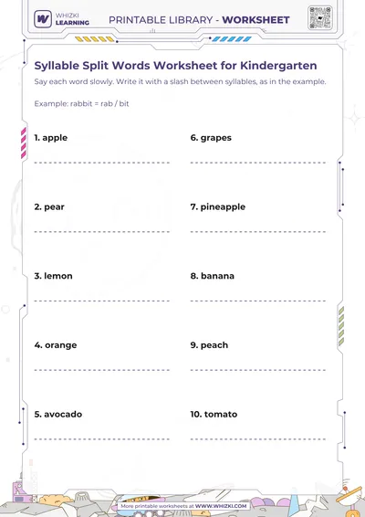 Syllable Split Words Worksheet for Kindergarten