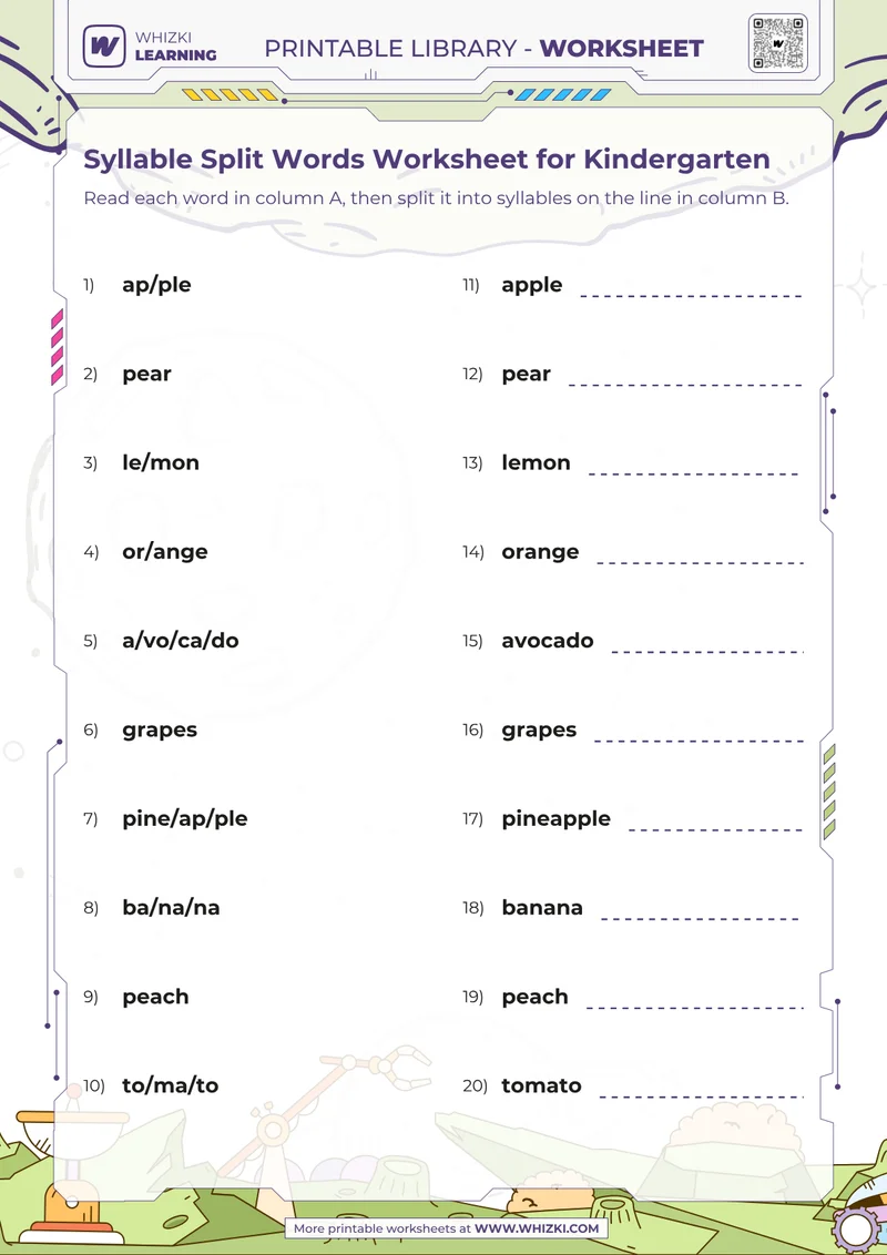 Syllable Split Words Worksheet for Kindergarten