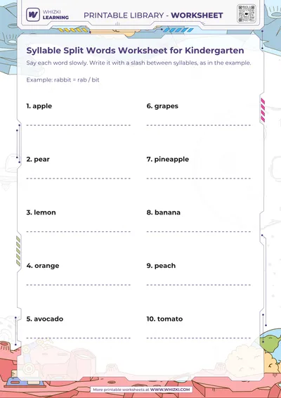 Syllable Split Words Worksheet for Kindergarten