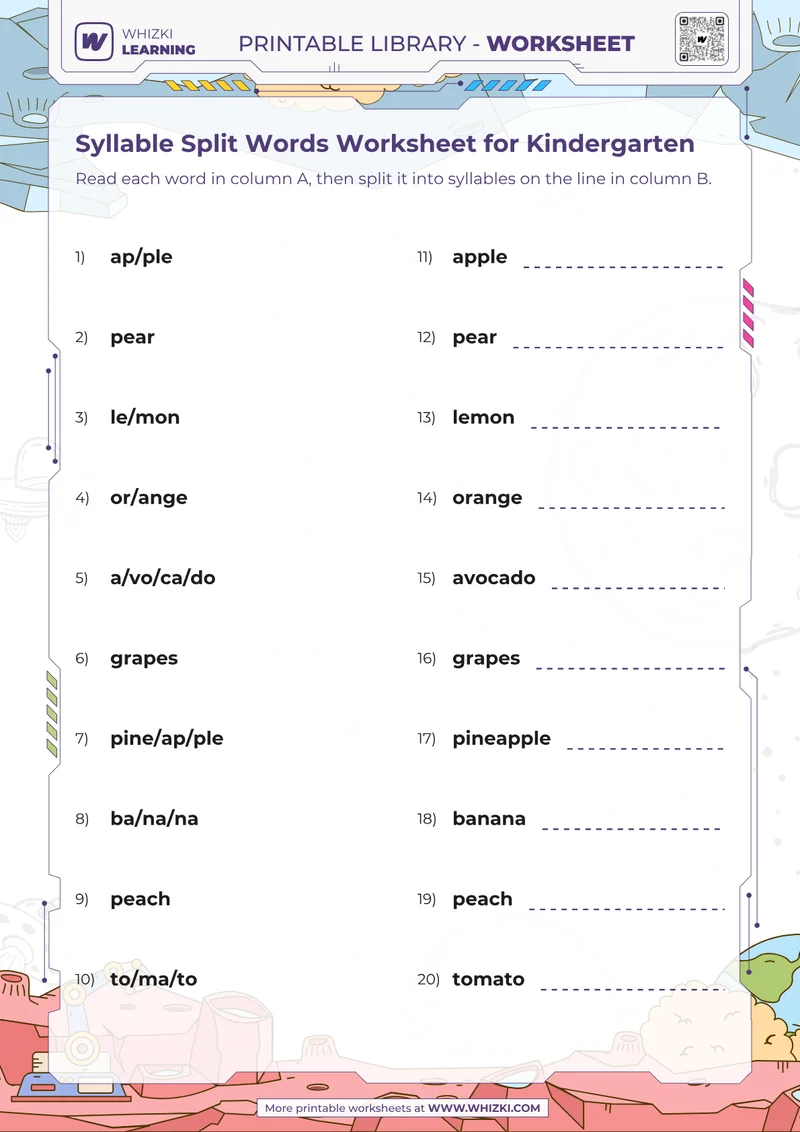 Syllable Split Words Worksheet for Kindergarten