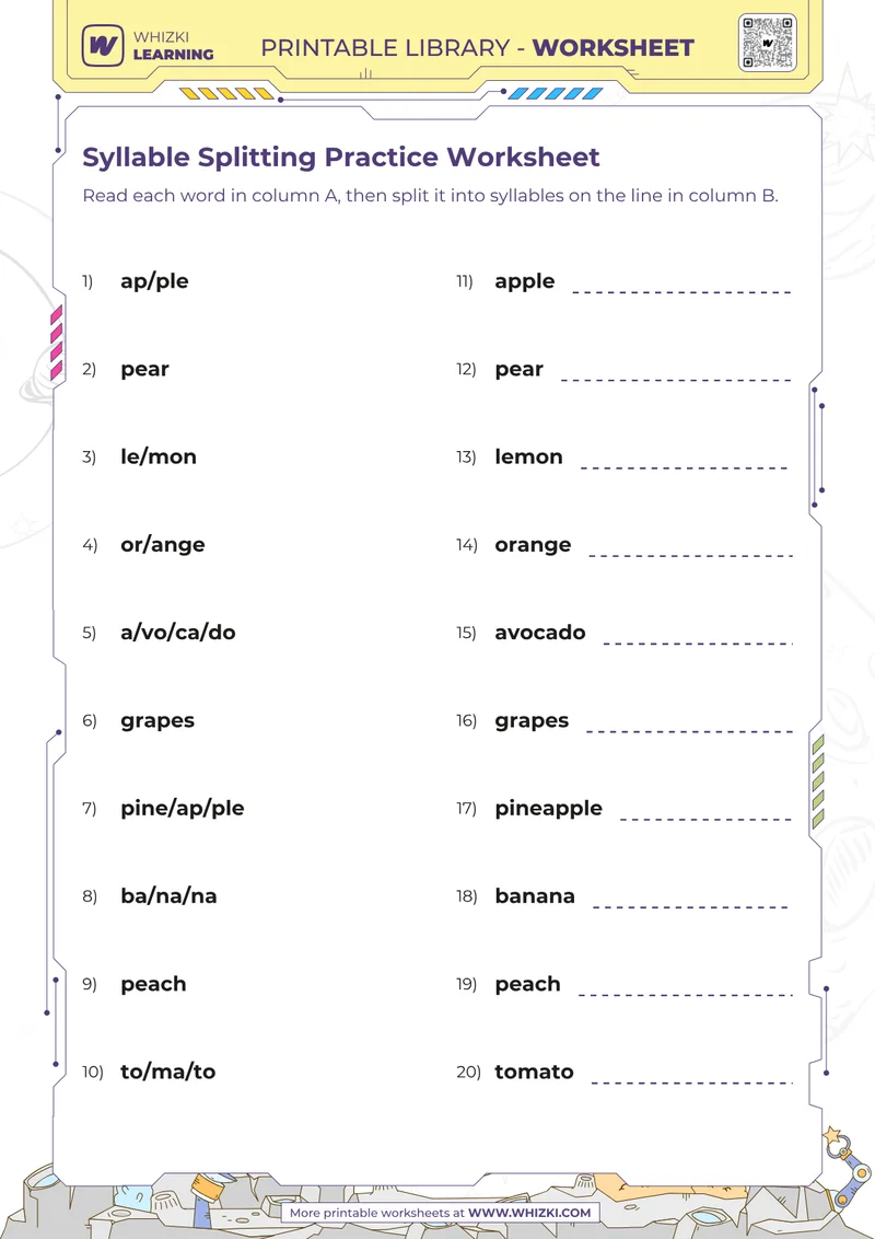Syllable Splitting Practice Worksheet