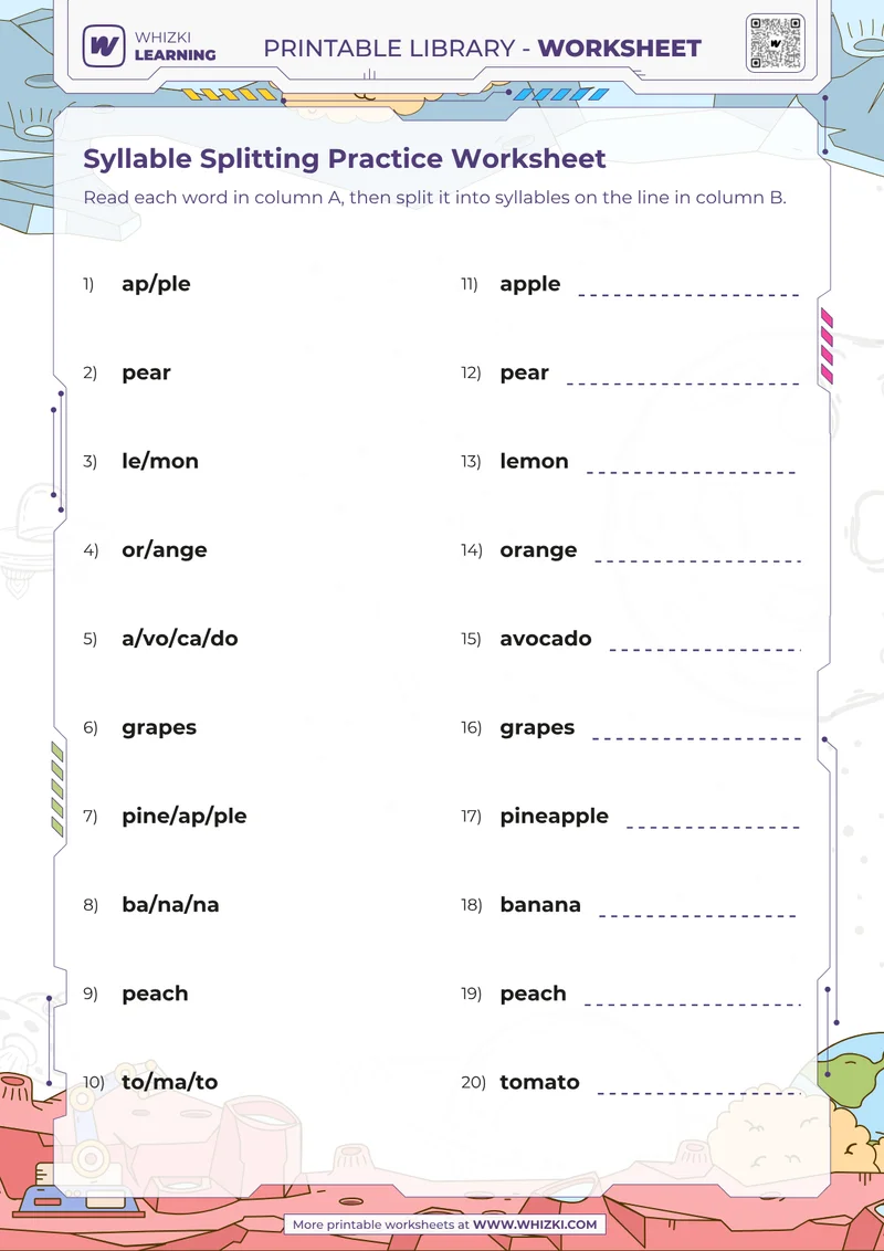Syllable Splitting Practice Worksheet