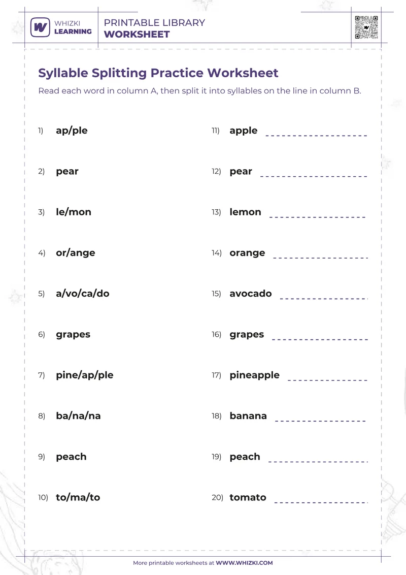 Syllable Splitting Practice Worksheet
