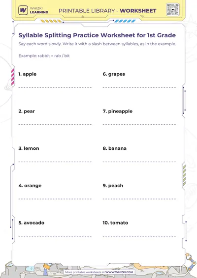 Syllable Splitting Practice Worksheet for 1st Grade