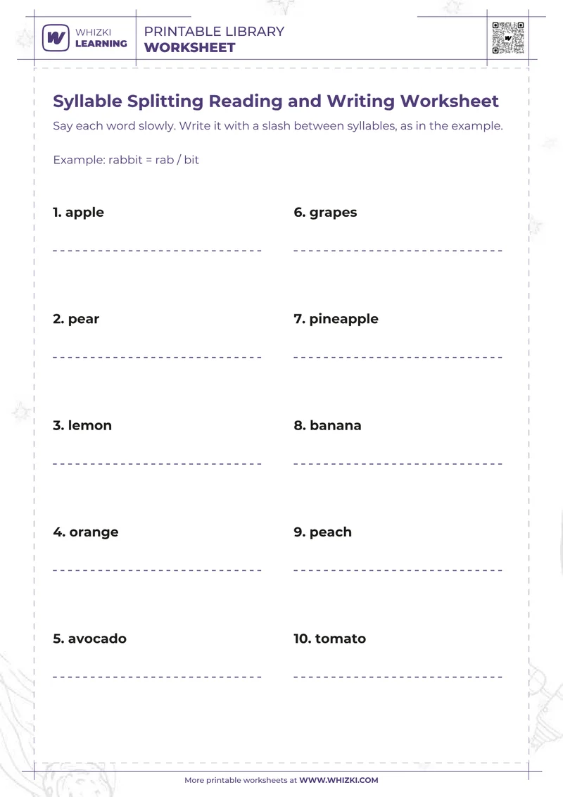 Syllable Splitting Reading and Writing Worksheet