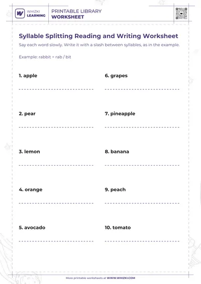 Syllable Splitting Reading and Writing Worksheet