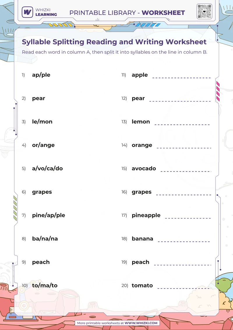 Syllable Splitting Reading and Writing Worksheet