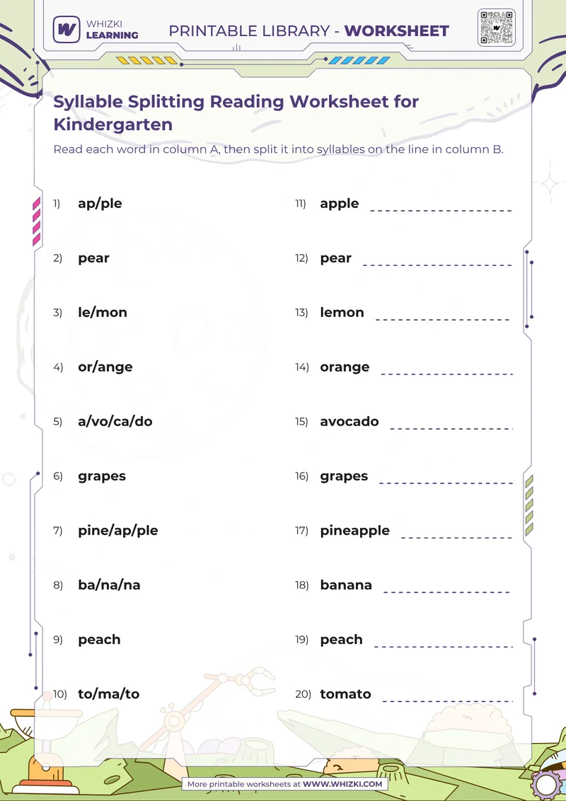 Syllable Splitting Reading Worksheet for Kindergarten