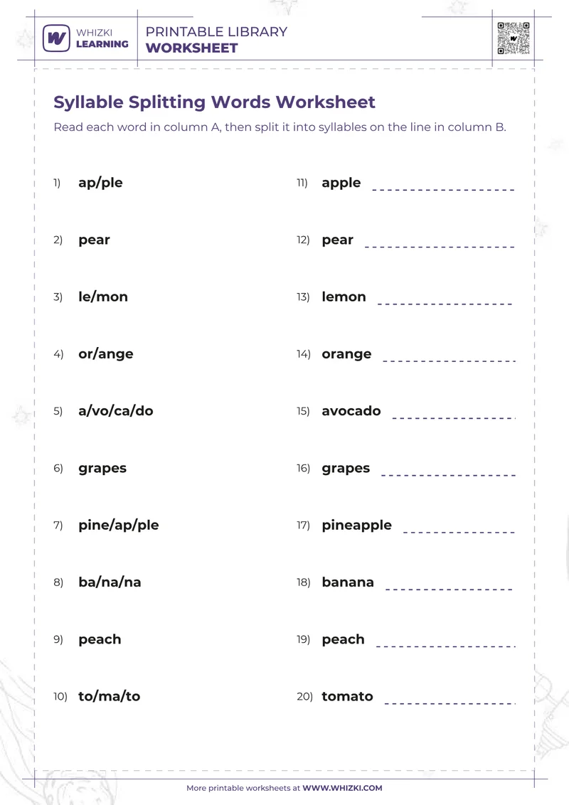 Syllable Splitting Words Worksheet
