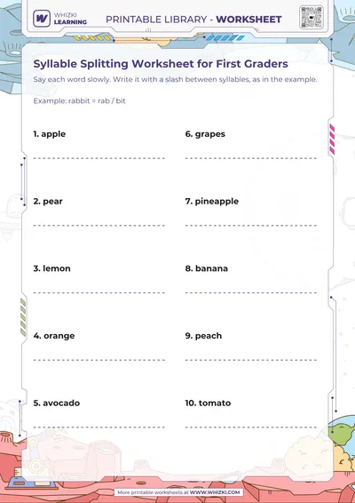 Syllable Splitting Worksheet for First Graders