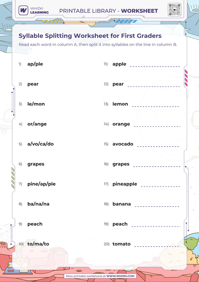 Syllable Splitting Worksheet for First Graders