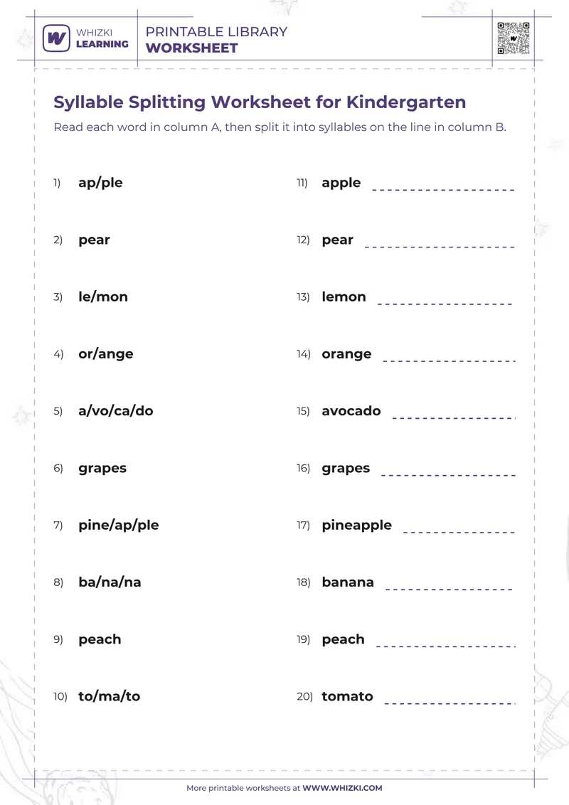Syllable Splitting Worksheet for Kindergarten