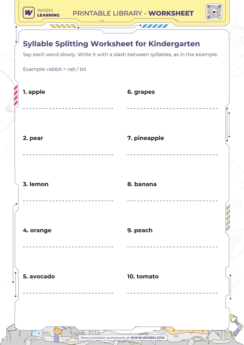 Syllable Splitting Worksheet for Kindergarten
