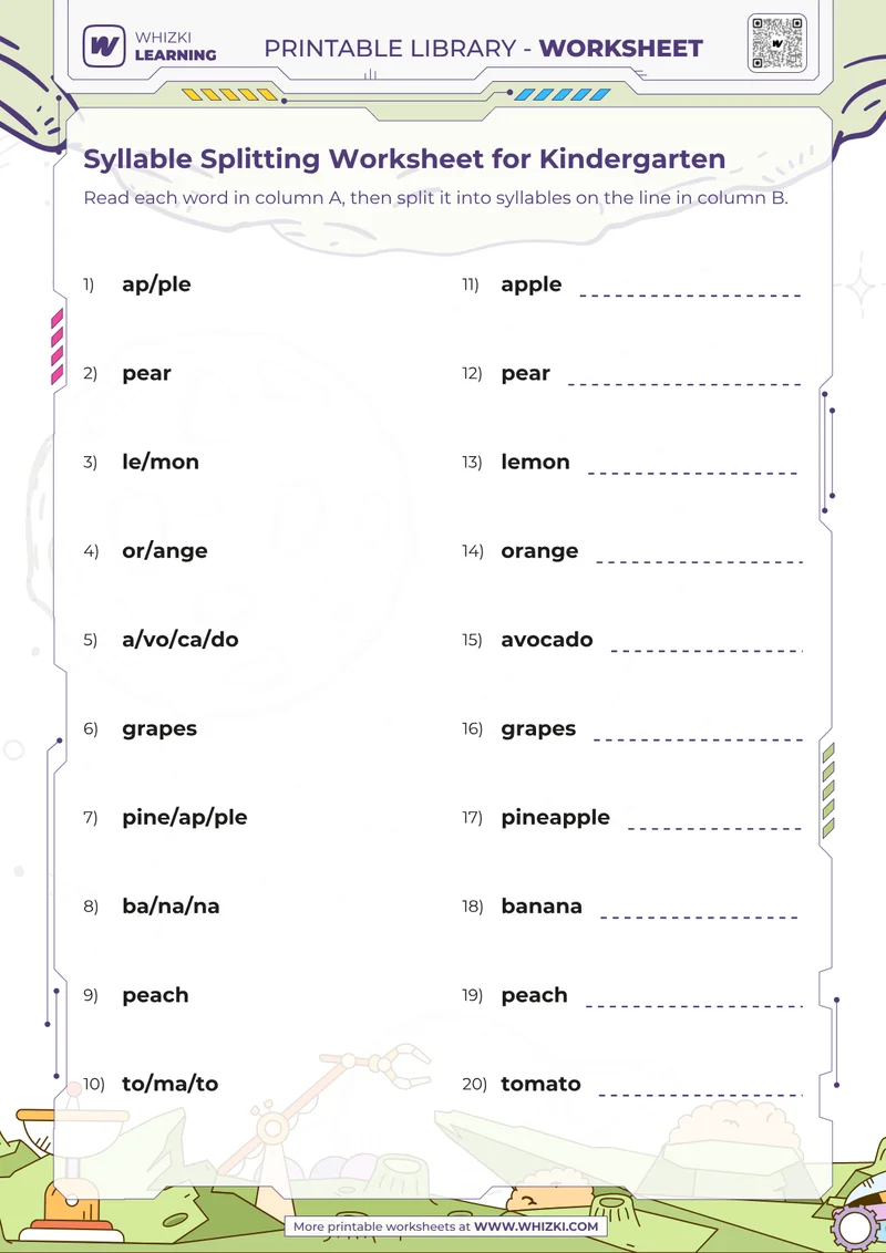 Syllable Splitting Worksheet for Kindergarten