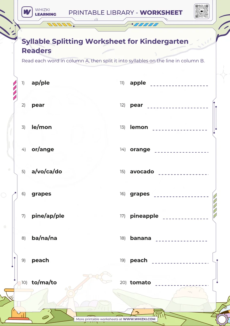 Syllable Splitting Worksheet for Kindergarten Readers