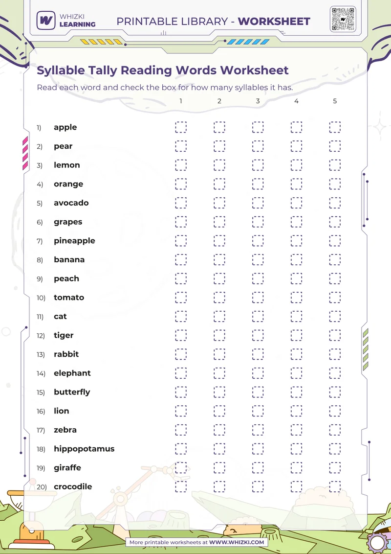Syllable Tally Reading Words Worksheet