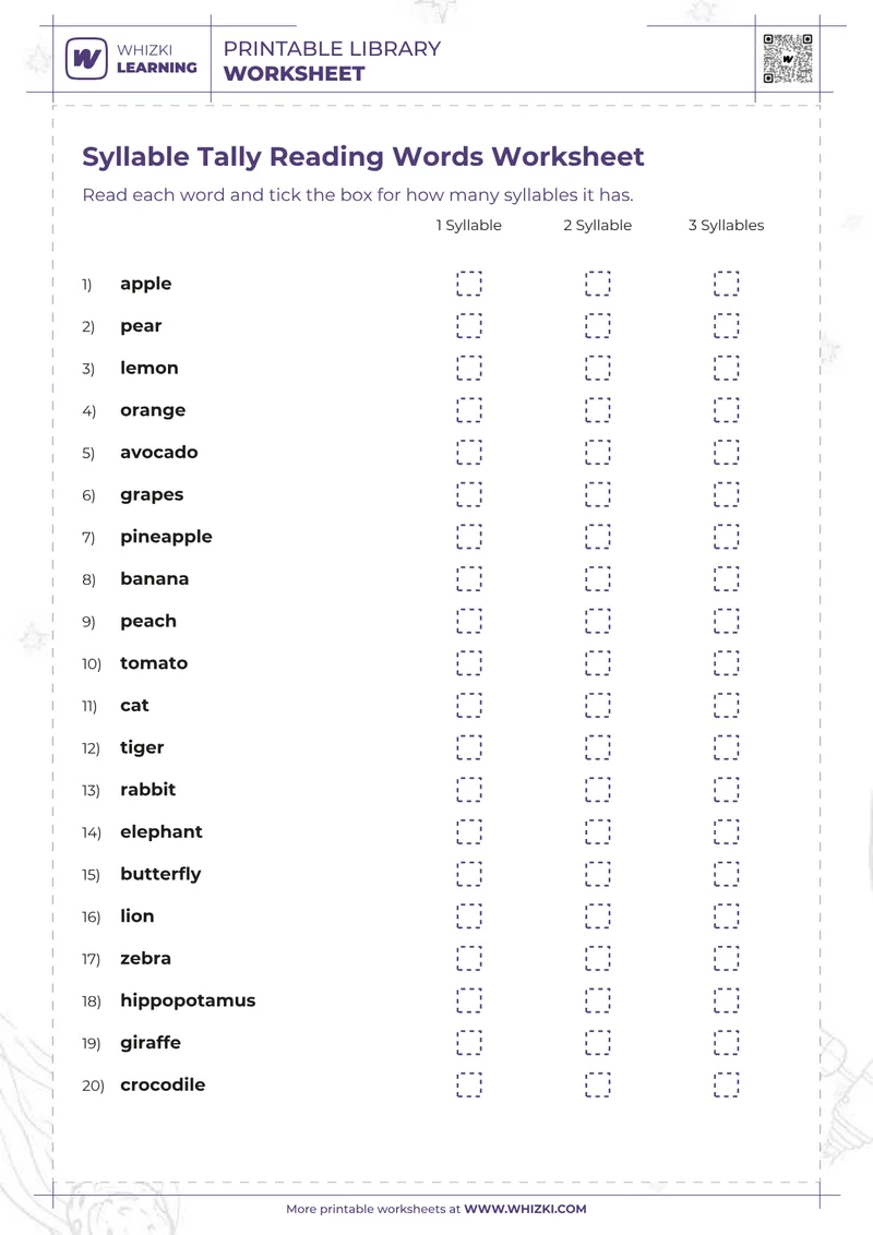Syllable Tally Reading Words Worksheet