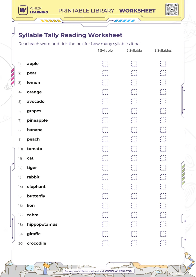 Syllable Tally Reading Worksheet