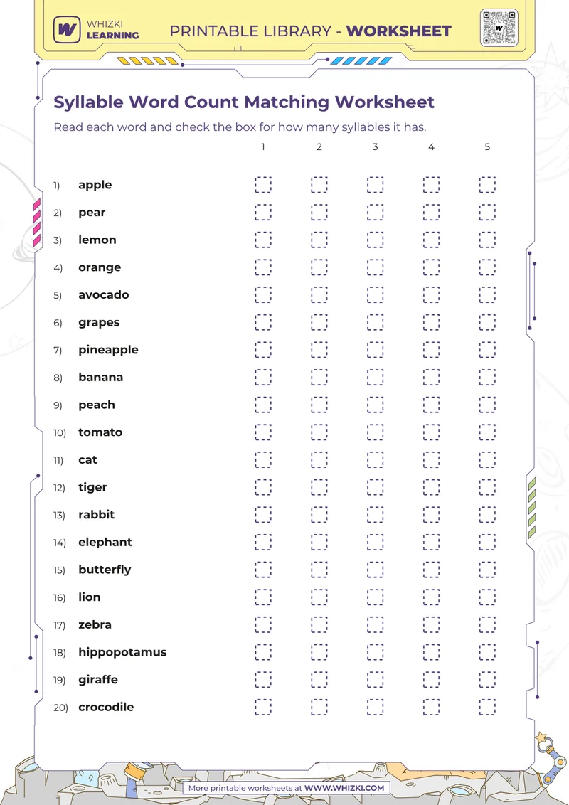 Syllable Word Count Matching Worksheet