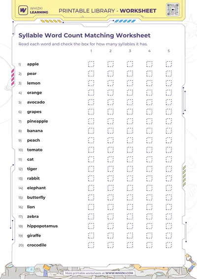 Syllable Word Count Matching Worksheet