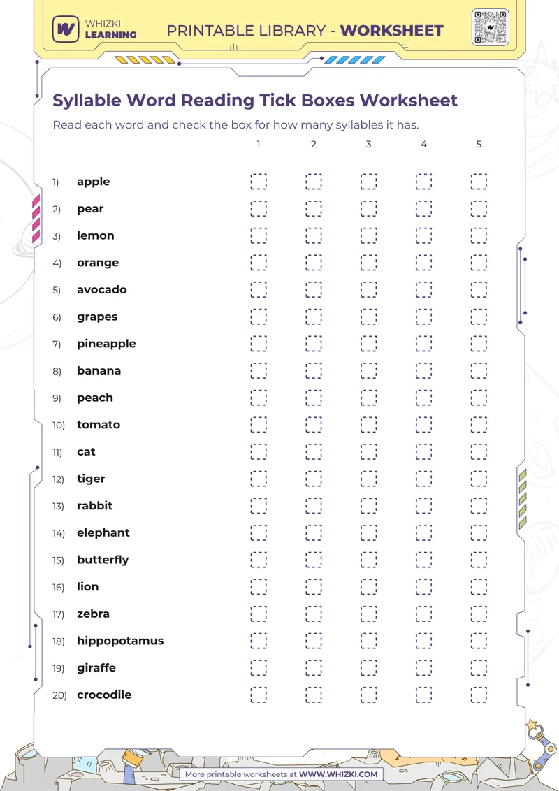 Syllable Word Reading Tick Boxes Worksheet
