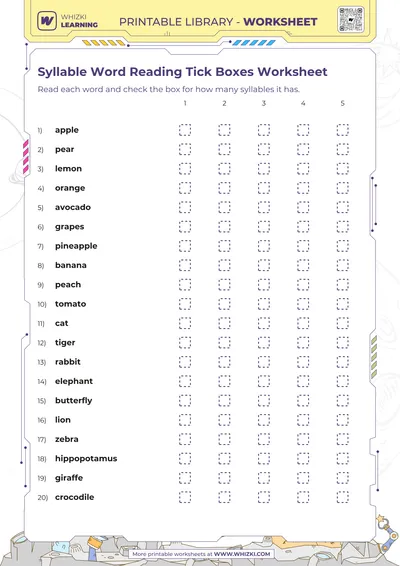 Syllable Word Reading Tick Boxes Worksheet