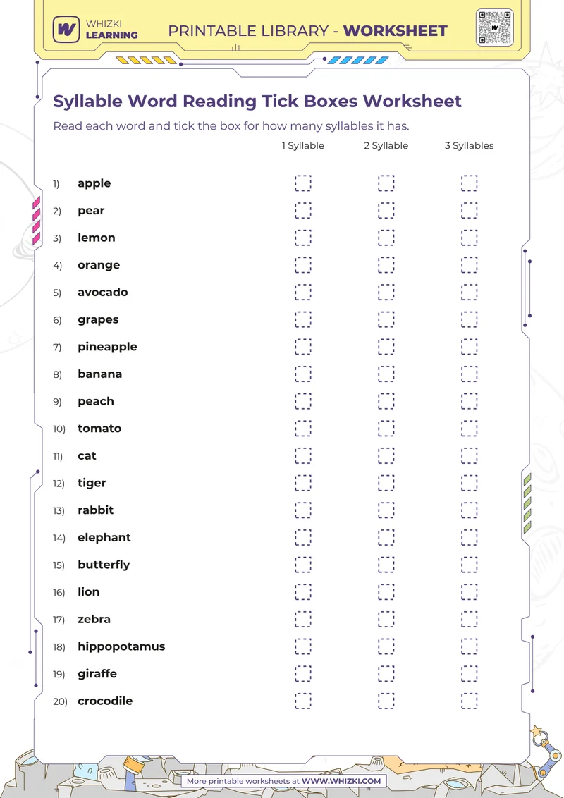 Syllable Word Reading Tick Boxes Worksheet