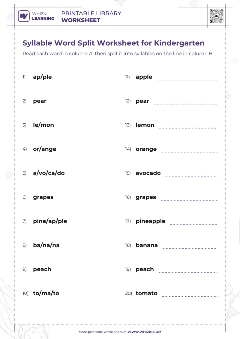 Syllable Word Split Worksheet for Kindergarten