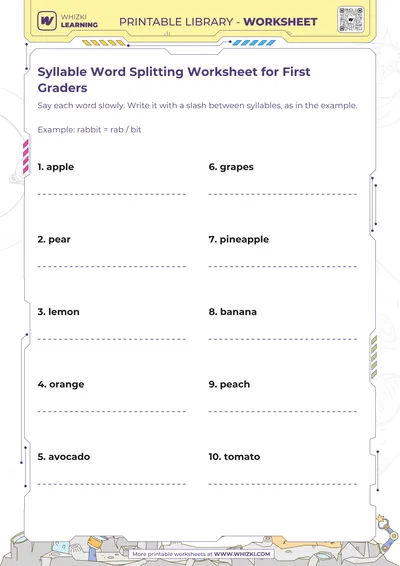 Syllable Word Splitting Worksheet for First Graders