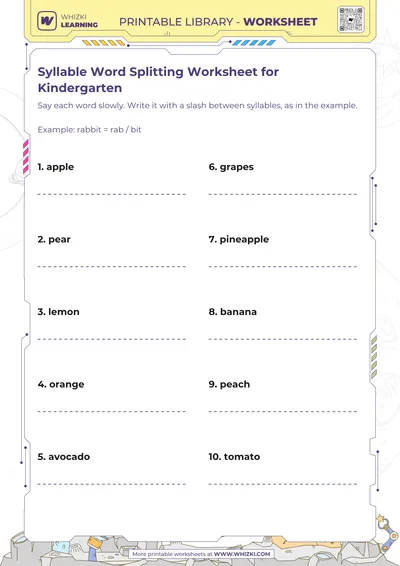 Syllable Word Splitting Worksheet for Kindergarten