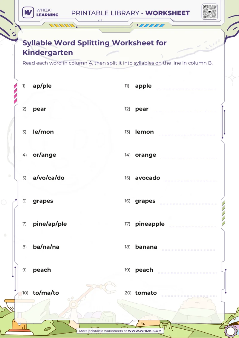 Syllable Word Splitting Worksheet for Kindergarten