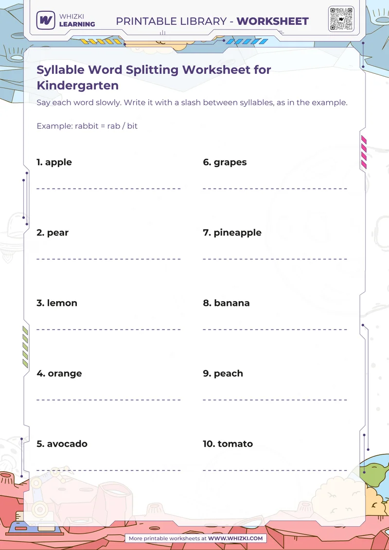 Syllable Word Splitting Worksheet for Kindergarten