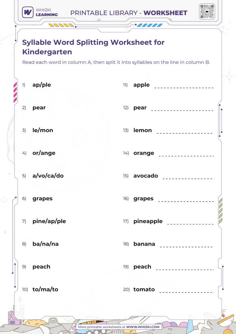 Syllable Word Splitting Worksheet for Kindergarten