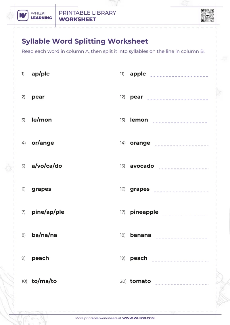 Syllable Word Splitting Worksheet